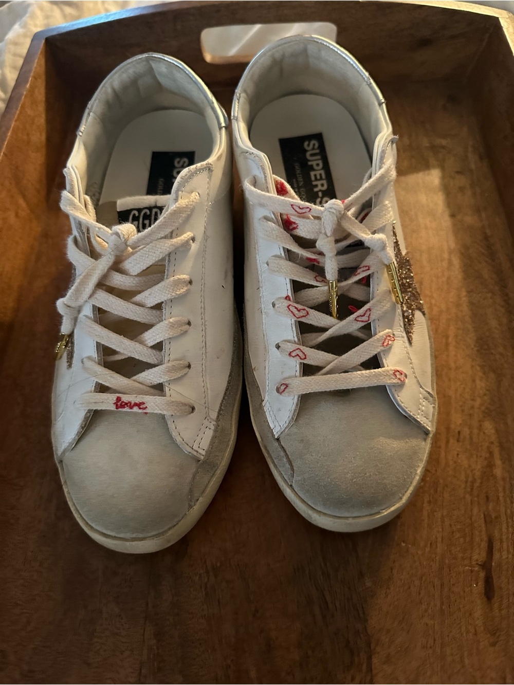 Golden Goose White & Light Gray Sneakers with Gold Star and Red Heart Accents